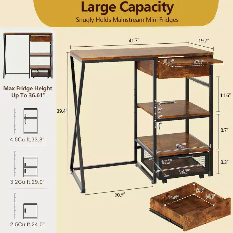Support de mini-réfrigérateur à 3 niveaux avec prise de courant, panier de rangement et plateforme de travail coulissante - Étagère à micro-ondes/bar à café robuste pour dortoirs