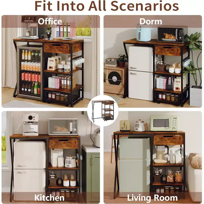 Support de mini-réfrigérateur à 3 niveaux avec prise de courant, panier de rangement et plateforme de travail coulissante - Étagère à micro-ondes/bar à café robuste pour dortoirs