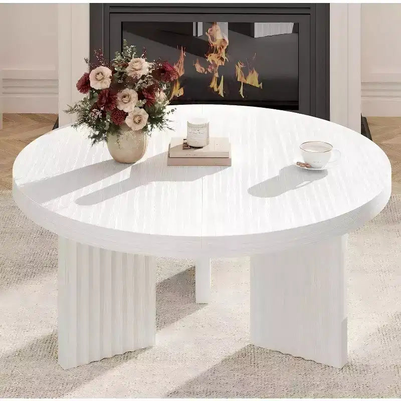 Round Coffee Table, 33.5 Circle Center Table with Fluted Legs & 1.3 Thick Top, Accent Sofa Tables for Living Room, Bedroom, Easy Assembly, White