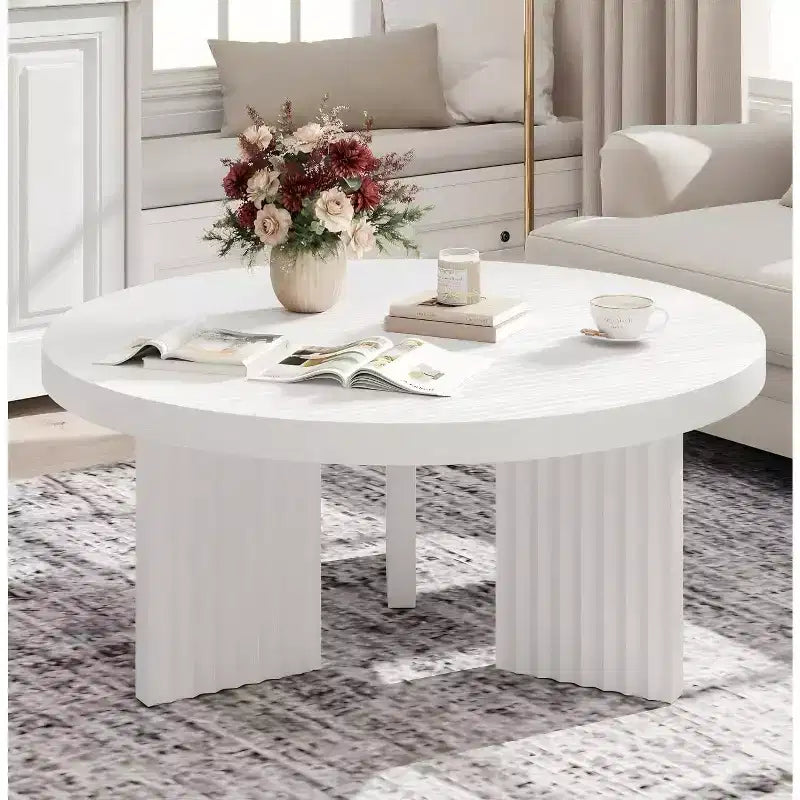 Table basse ronde, table basse circulaire de 85 cm avec pieds cannelés et plateau épais de 3,3 cm, tables d'appoint pour salon, chambre, assemblage facile, blanc