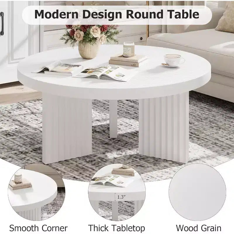 Table basse ronde, table basse circulaire de 85 cm avec pieds cannelés et plateau épais de 3,3 cm, tables d'appoint pour salon, chambre, assemblage facile, blanc