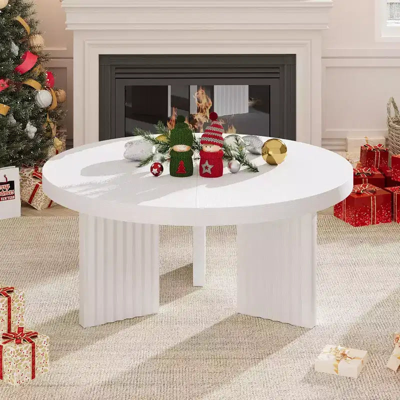 Table basse ronde, table basse circulaire de 85 cm avec pieds cannelés et plateau épais de 3,3 cm, tables d'appoint pour salon, chambre, assemblage facile, blanc