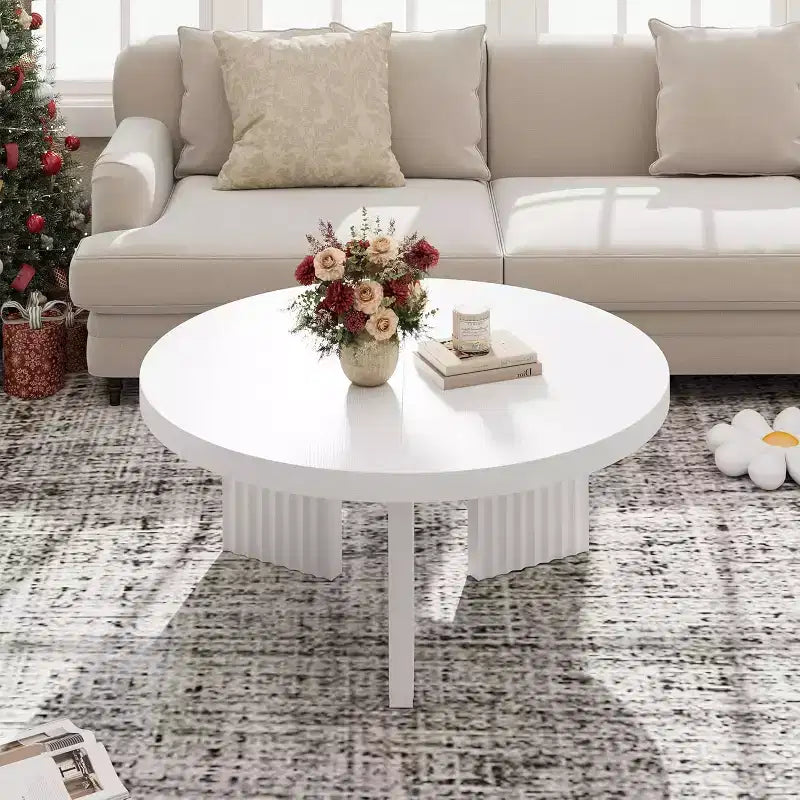 Table basse ronde, table basse circulaire de 85 cm avec pieds cannelés et plateau épais de 3,3 cm, tables d'appoint pour salon, chambre, assemblage facile, blanc