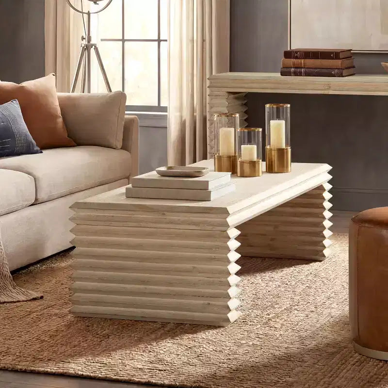 Jennifer Taylor Home Veda 55 Reclaimed Wood Stacked Geometric Waterfall Coffee Table, Whitewashed Natural Reclaimed Pine Wood