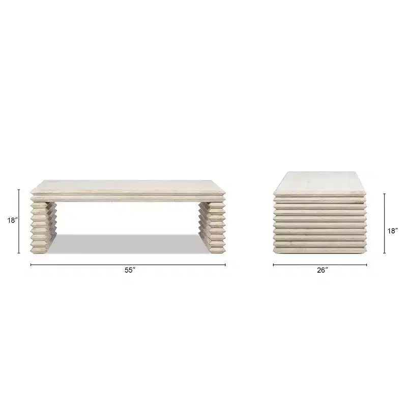Table basse cascade géométrique empilée en bois de pin récupéré, finition blanchie et naturelle