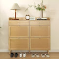 Farmhouse Rattan Entryway Shoe Cabinet, 4 Turn Drawers, 2 Pull-Out Drawers, Hidden Shoe Rack, for Hallway, Living Room