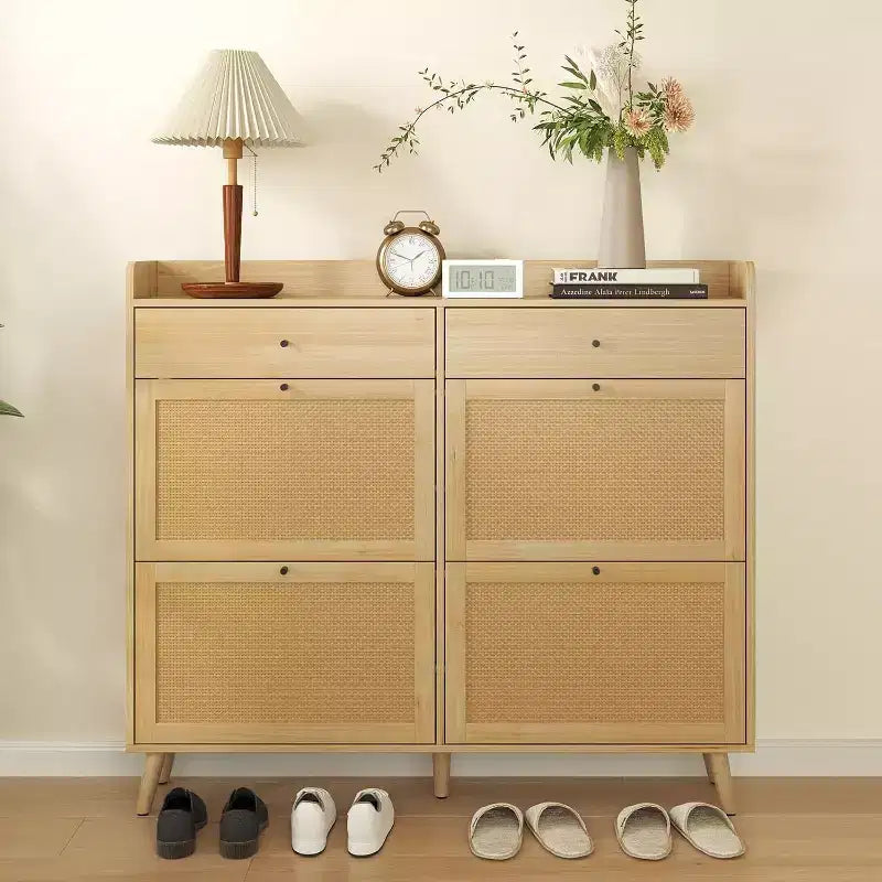 Farmhouse Rattan Entryway Shoe Cabinet, 4 Turn Drawers, 2 Pull-Out Drawers, Hidden Shoe Rack, for Hallway, Living Room