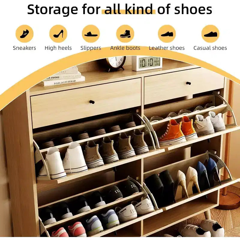 Meuble à chaussures d'entrée en rotin de style ferme, 4 tiroirs rotatifs, 2 tiroirs coulissants, étagère à chaussures cachée, pour couloir, salon