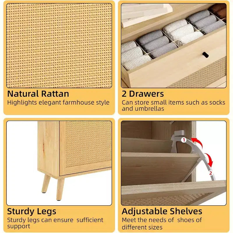 Meuble à chaussures d'entrée en rotin de style ferme, 4 tiroirs rotatifs, 2 tiroirs coulissants, étagère à chaussures cachée, pour couloir, salon