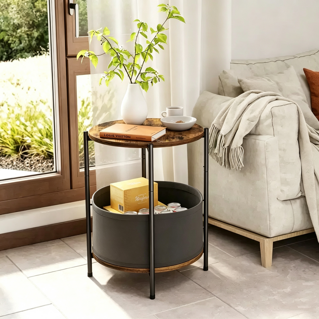 Tables d'appoint industrielles rondes avec paniers de rangement en tissu