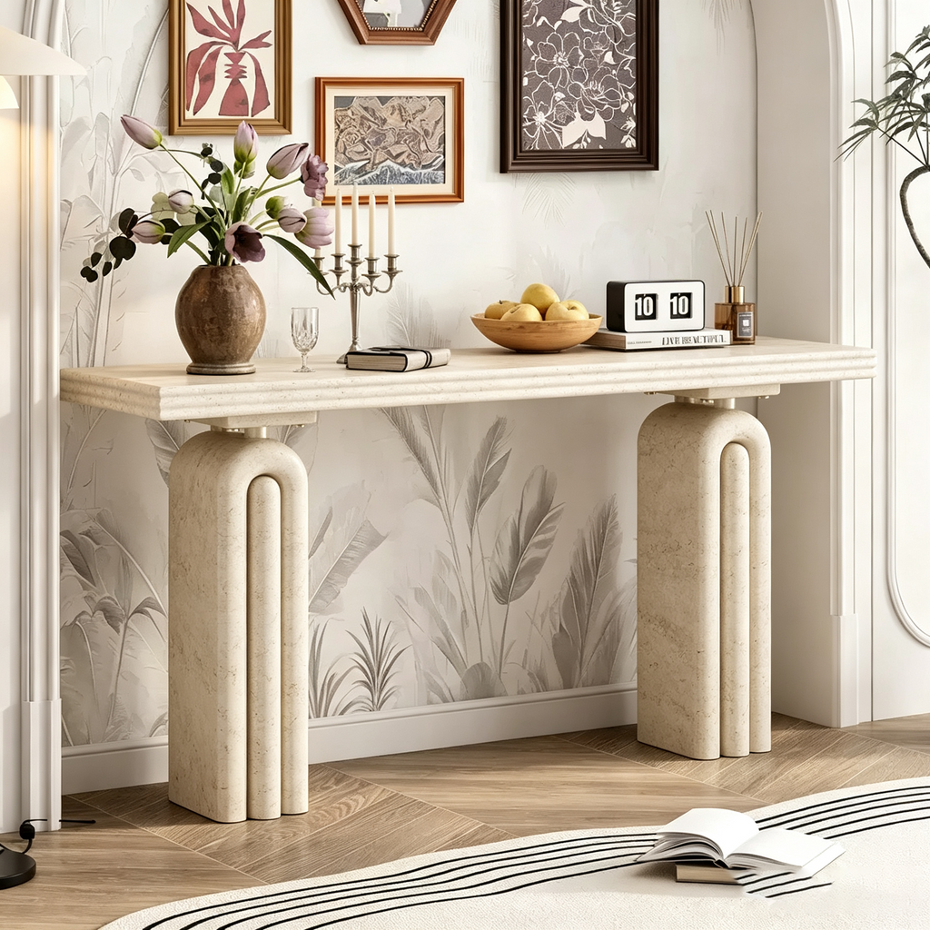 Console moderne avec pieds incurvés uniques, MDF et placage acacia, élégante table d'entrée/de canapé pour salon et couloir