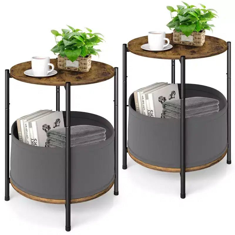 Set of 2 Round Industrial Side Tables with Fabric Storage Baskets