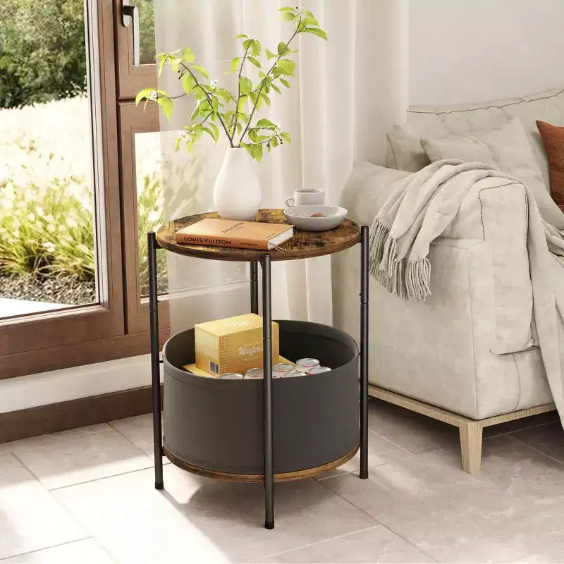 Tables d'appoint industrielles rondes avec paniers de rangement en tissu