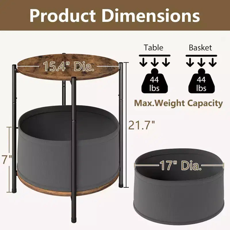 Tables d'appoint industrielles rondes avec paniers de rangement en tissu
