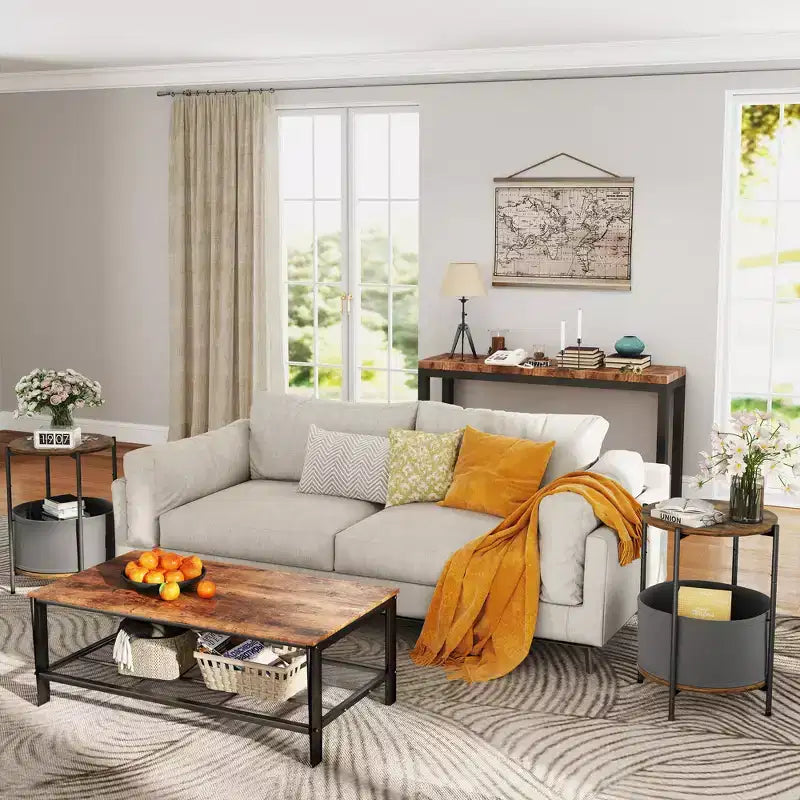 Tables d'appoint industrielles rondes avec paniers de rangement en tissu
